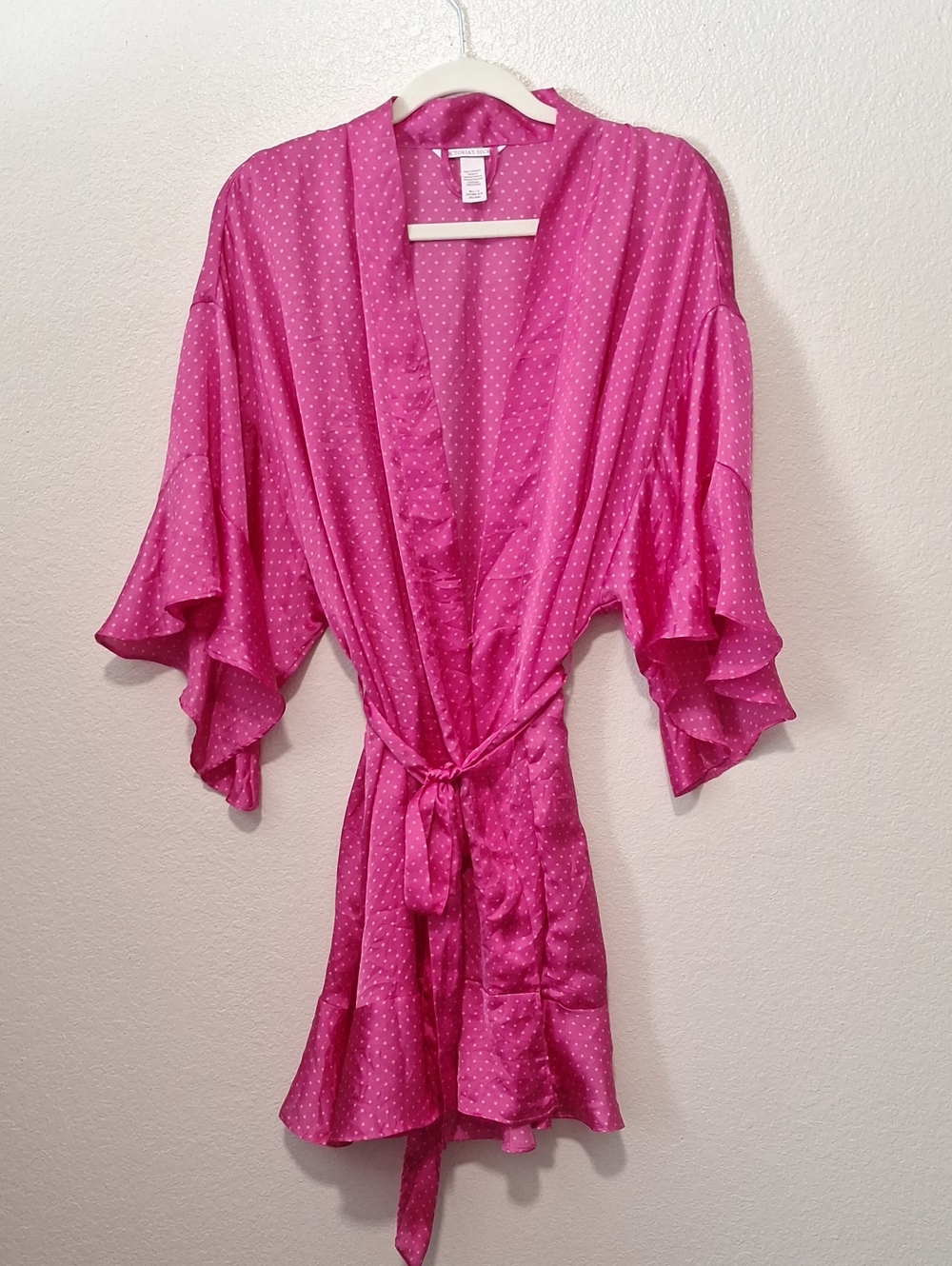 Victoria's Secret Hot Pink Polka Dot Satin Kimono Robe, M/L